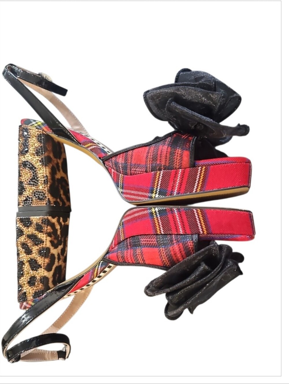 Betsey Johnson Palloma Red Plaid Platform Bow Dress Sandals Sz 9 Leopard Heel - Picture 7 of 12
